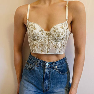Tops | White Delicate Gold Floral Stitch Corset Bustier | Poshmark